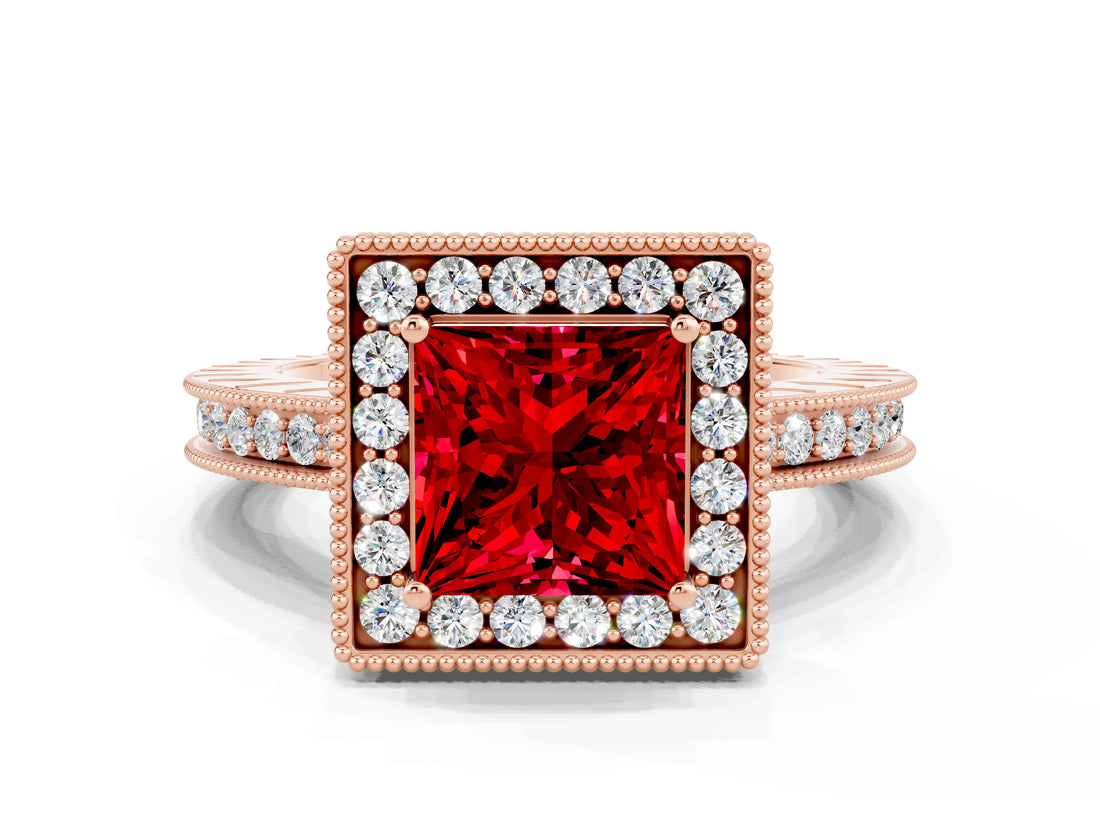 Rose gold Princess Cut Halo Diamond Engagement Ring with Milgrain Pave Band and Four-Prong Setting