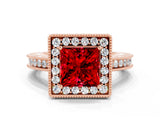 Rose gold Princess Cut Halo Diamond Engagement Ring with Milgrain Pave Band and Four-Prong Setting