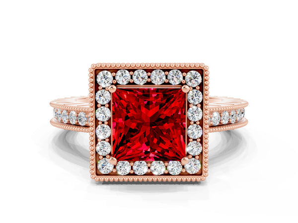 Rose gold Princess Cut Halo Diamond Engagement Ring with Milgrain Pave Band and Four-Prong Setting