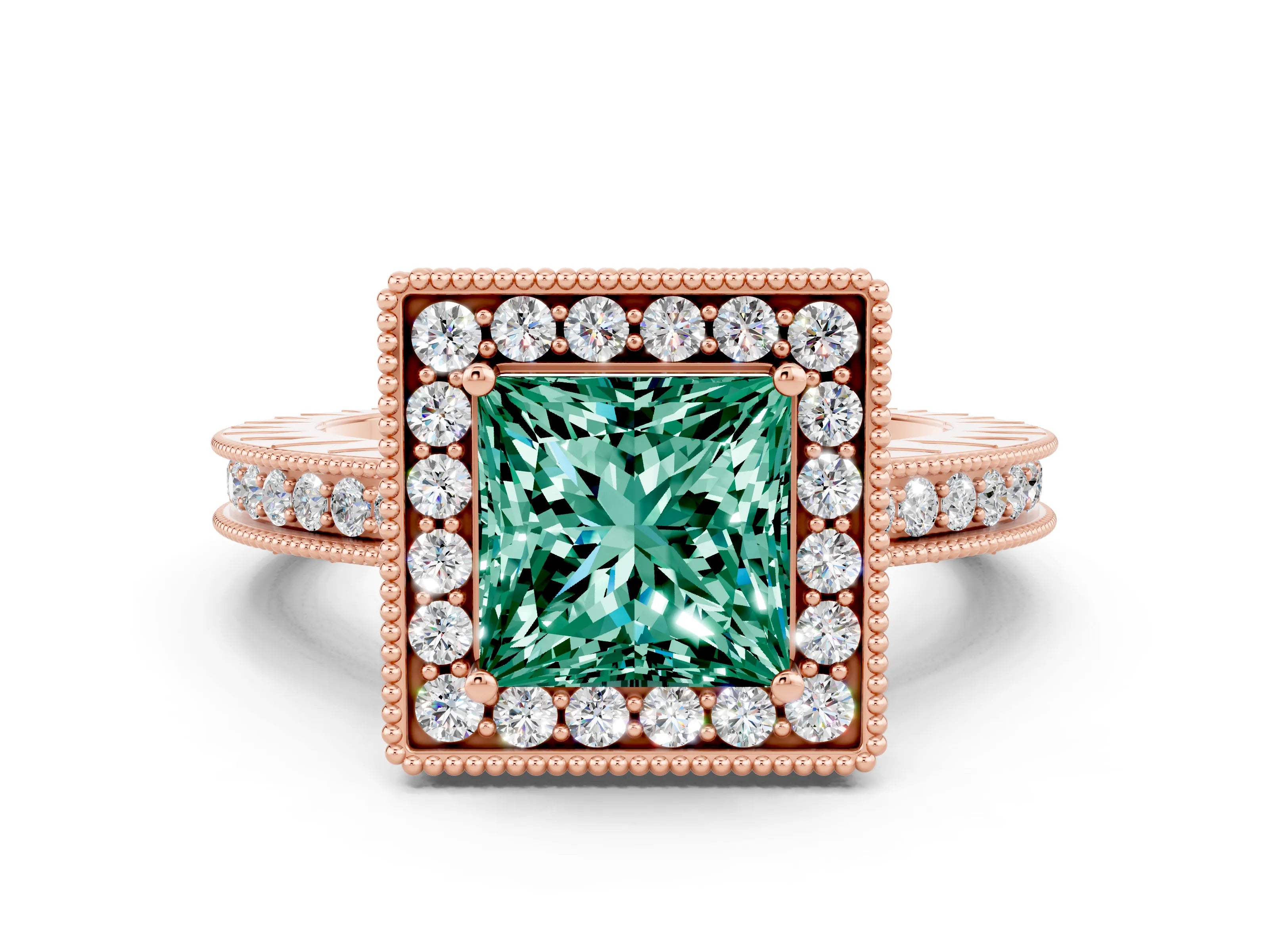 Rose gold Princess Cut Halo Diamond Engagement Ring with Milgrain Pave Band and Four-Prong Setting
