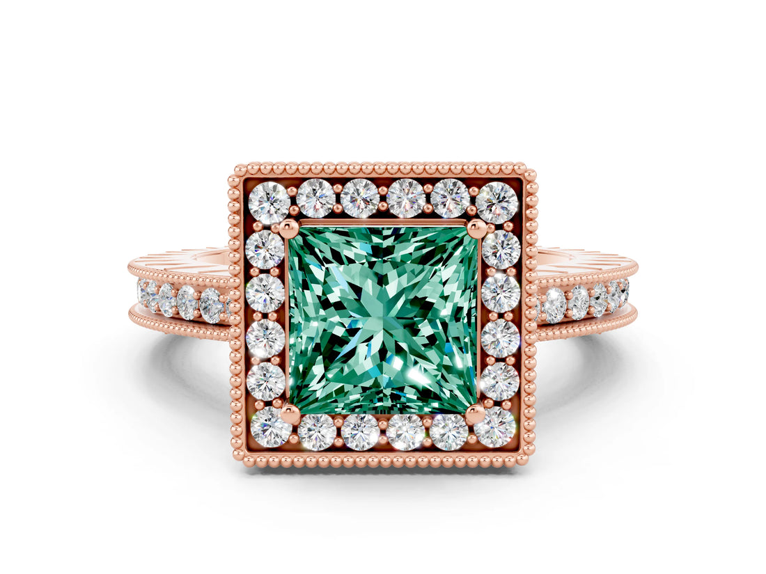 Rose gold Princess Cut Halo Diamond Engagement Ring with Milgrain Pave Band and Four-Prong Setting