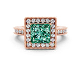 Rose gold Princess Cut Halo Diamond Engagement Ring with Milgrain Pave Band and Four-Prong Setting