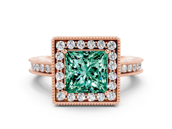 Rose gold Princess Cut Halo Diamond Engagement Ring with Milgrain Pave Band and Four-Prong Setting