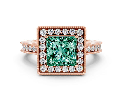Rose gold Princess Cut Halo Diamond Engagement Ring with Milgrain Pave Band and Four-Prong Setting