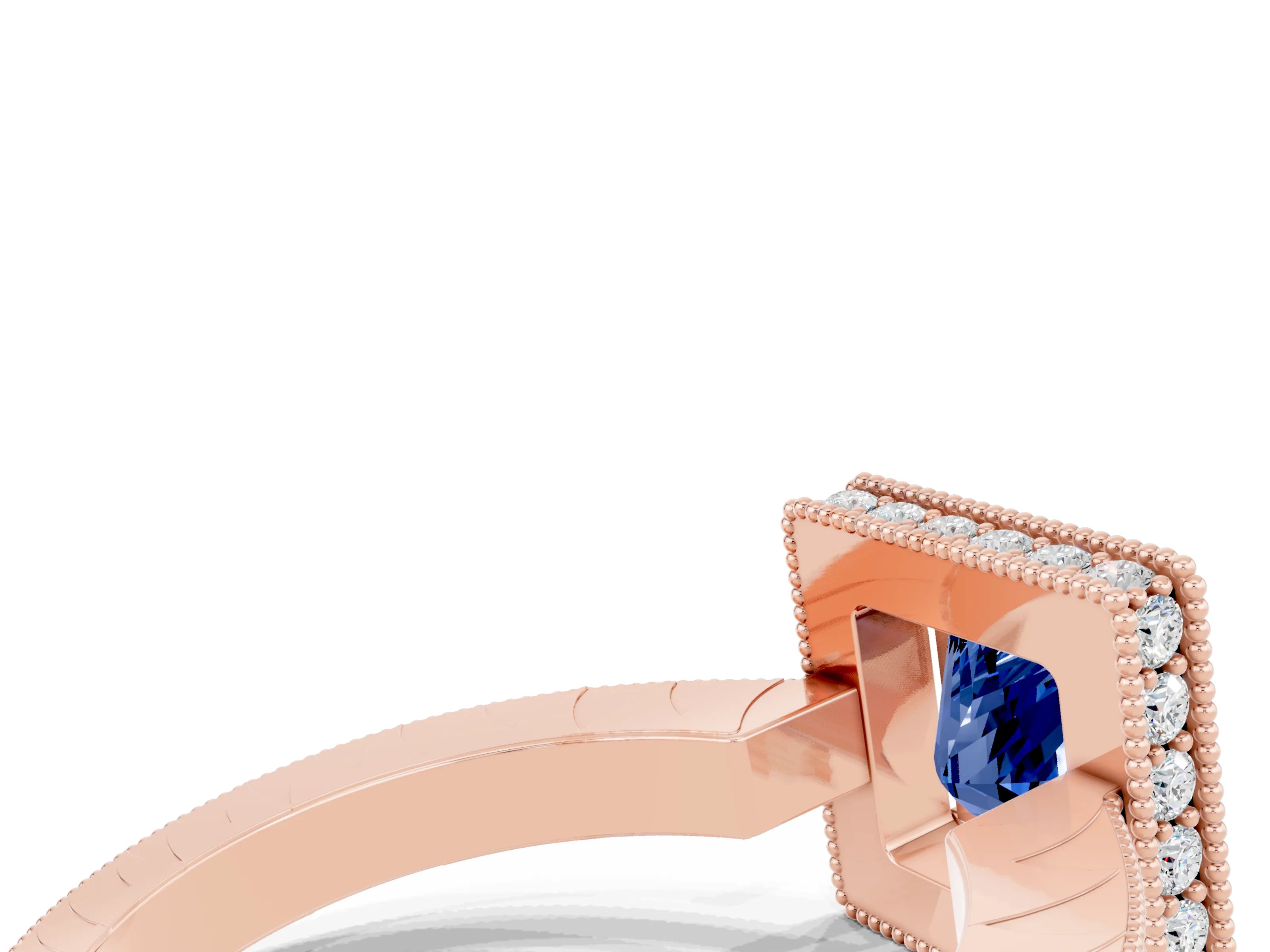 Rose gold Princess Cut Halo Diamond Engagement Ring with Milgrain Pave Band and Four-Prong Setting