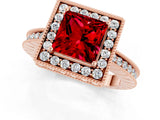 Rose gold Princess Cut Halo Diamond Engagement Ring with Milgrain Pave Band and Four-Prong Setting_1