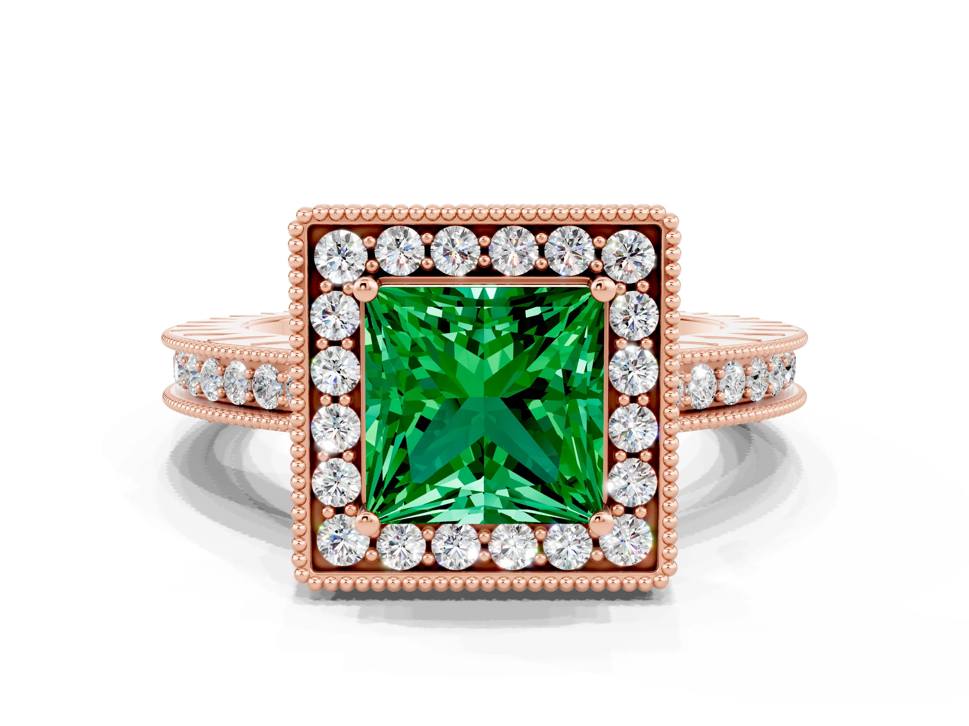Rose gold Princess Cut Halo Diamond Engagement Ring with Milgrain Pave Band and Four-Prong Setting