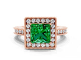 Rose gold Princess Cut Halo Diamond Engagement Ring with Milgrain Pave Band and Four-Prong Setting