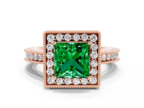 Rose gold Princess Cut Halo Diamond Engagement Ring with Milgrain Pave Band and Four-Prong Setting