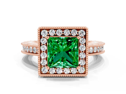 Rose gold Princess Cut Halo Diamond Engagement Ring with Milgrain Pave Band and Four-Prong Setting