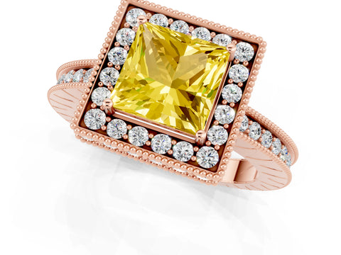 Rose gold Princess Cut Halo Diamond Engagement Ring with Milgrain Pave Band and Four-Prong Setting_1