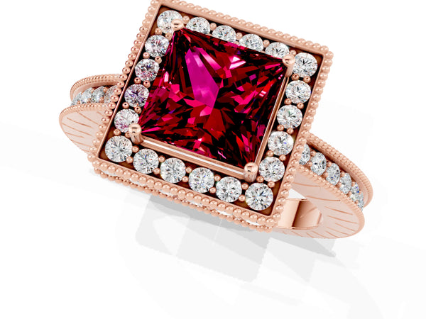 Rose gold Princess Cut Halo Diamond Engagement Ring with Milgrain Pave Band and Four-Prong Setting