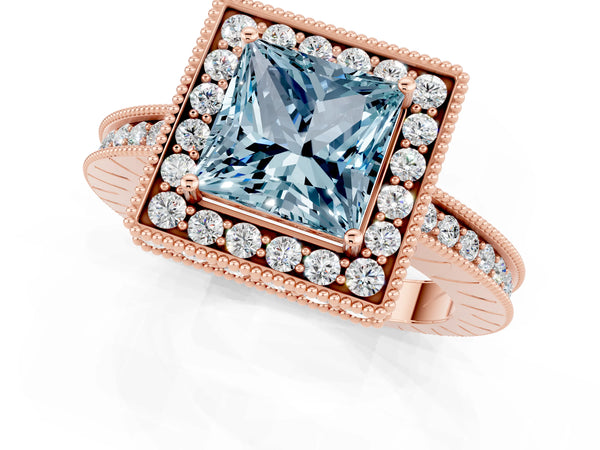 Rose gold Princess Cut Halo Diamond Engagement Ring with Milgrain Pave Band and Four-Prong Setting