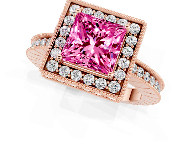 Rose gold Princess Cut Halo Diamond Engagement Ring with Milgrain Pave Band and Four-Prong Setting