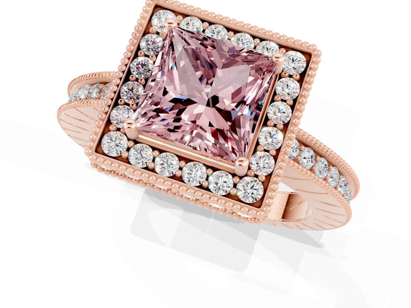 Rose gold Princess Cut Halo Diamond Engagement Ring with Milgrain Pave Band and Four-Prong Setting