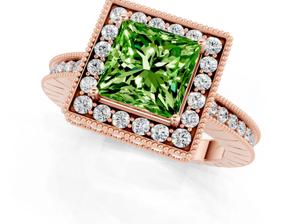 Rose gold Princess Cut Halo Diamond Engagement Ring with Milgrain Pave Band and Four-Prong Setting
