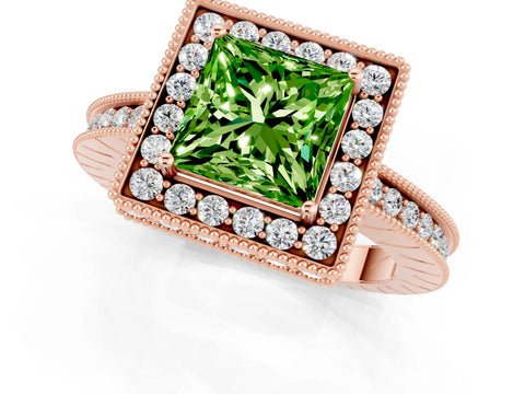 Rose gold Princess Cut Halo Diamond Engagement Ring with Milgrain Pave Band and Four-Prong Setting_1