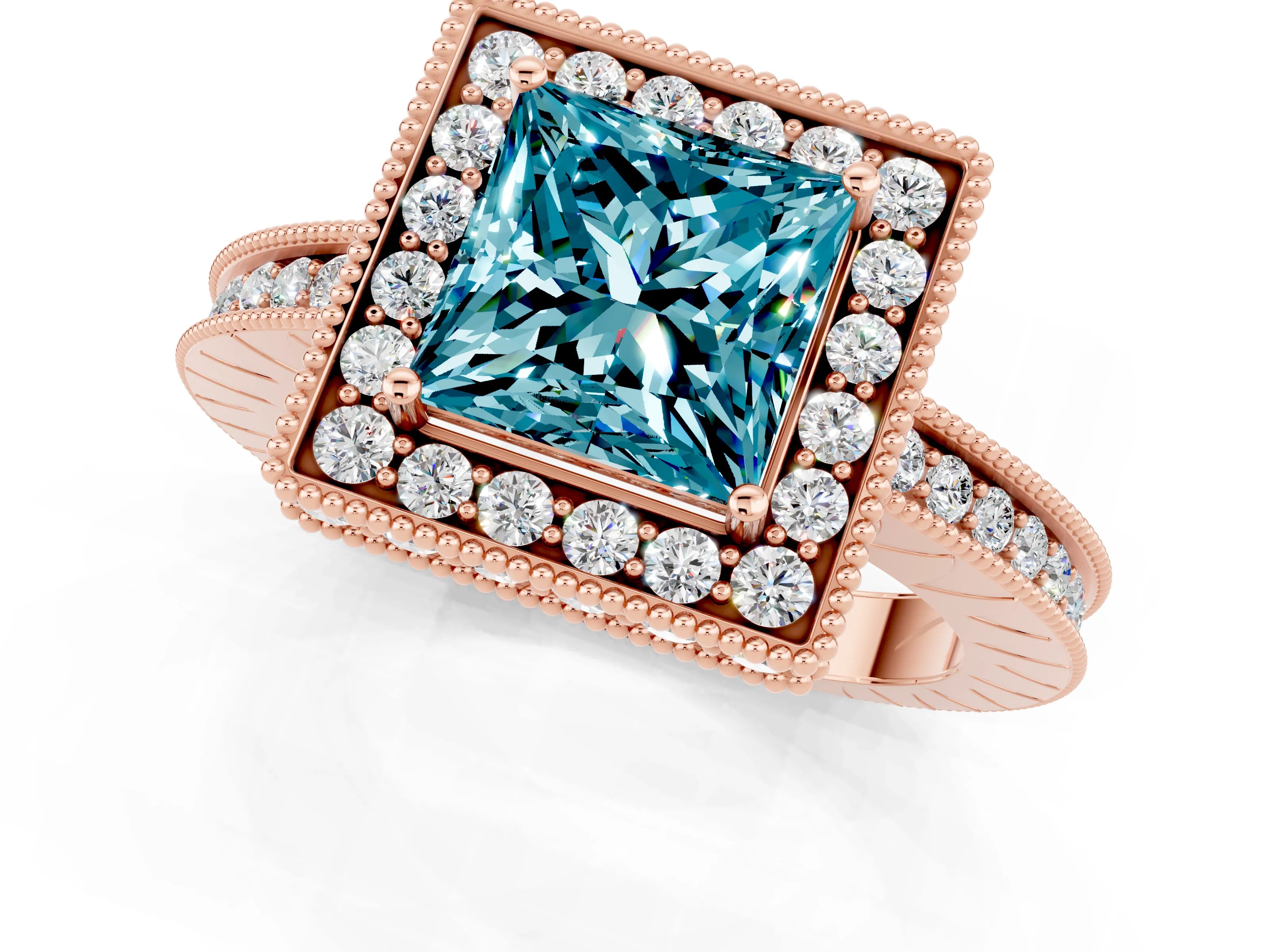 Rose gold Princess Cut Halo Diamond Engagement Ring with Milgrain Pave Band and Four-Prong Setting_1