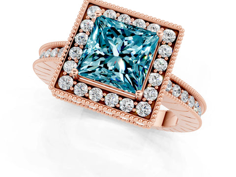 Rose gold Princess Cut Halo Diamond Engagement Ring with Milgrain Pave Band and Four-Prong Setting_1