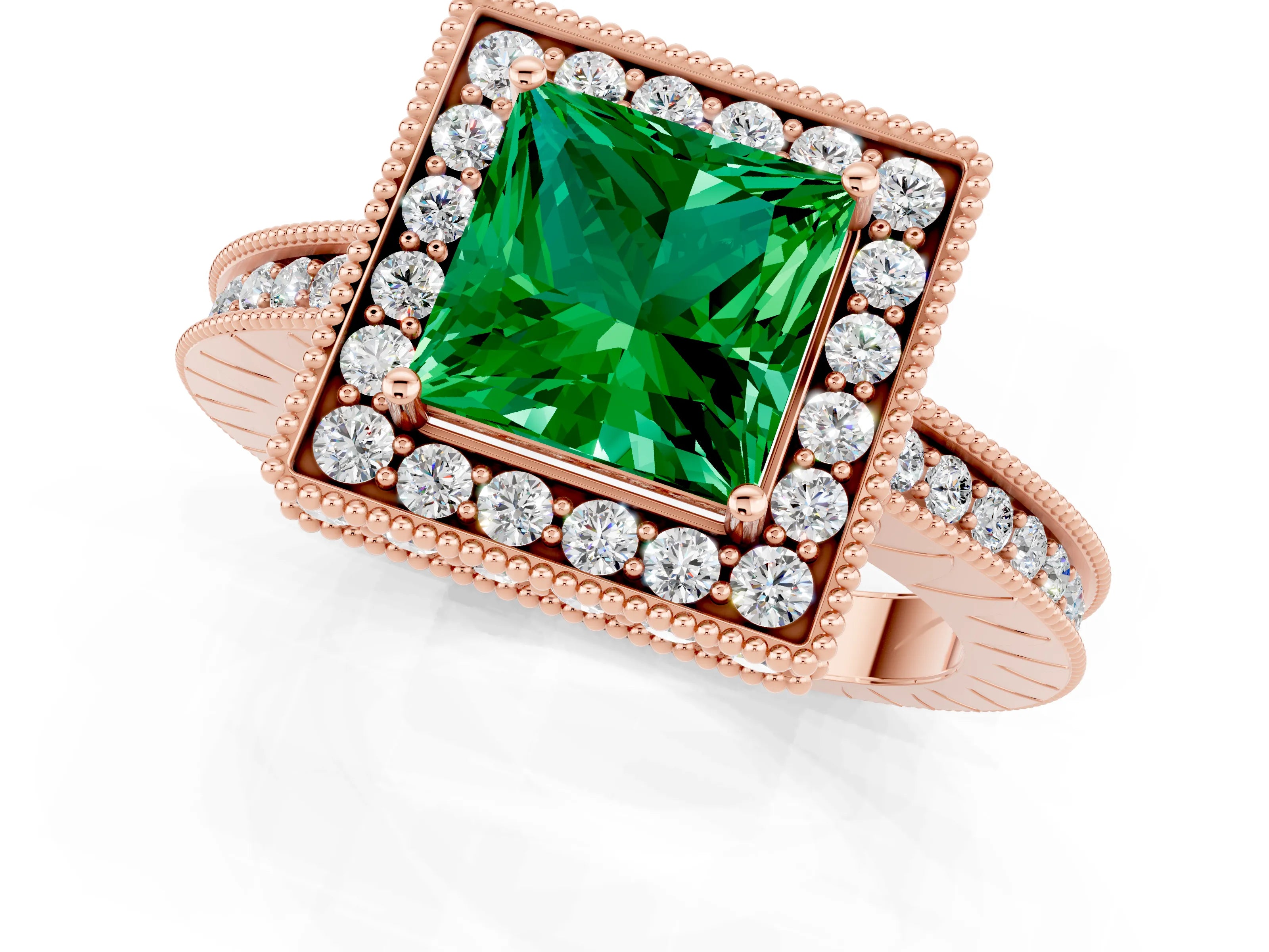 Rose gold Princess Cut Halo Diamond Engagement Ring with Milgrain Pave Band and Four-Prong Setting_1
