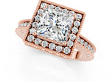 Rose gold Princess Cut Halo Diamond Engagement Ring with Milgrain Pave Band and Four-Prong Setting_1