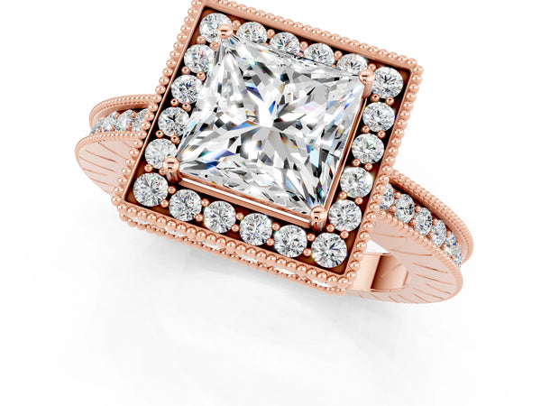 Rose gold Princess Cut Halo Diamond Engagement Ring with Milgrain Pave Band and Four-Prong Setting
