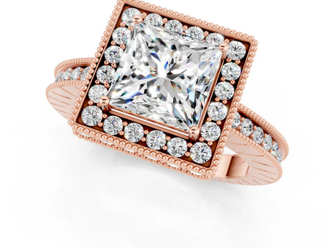 Rose gold Princess Cut Halo Diamond Engagement Ring with Milgrain Pave Band and Four-Prong Setting_1