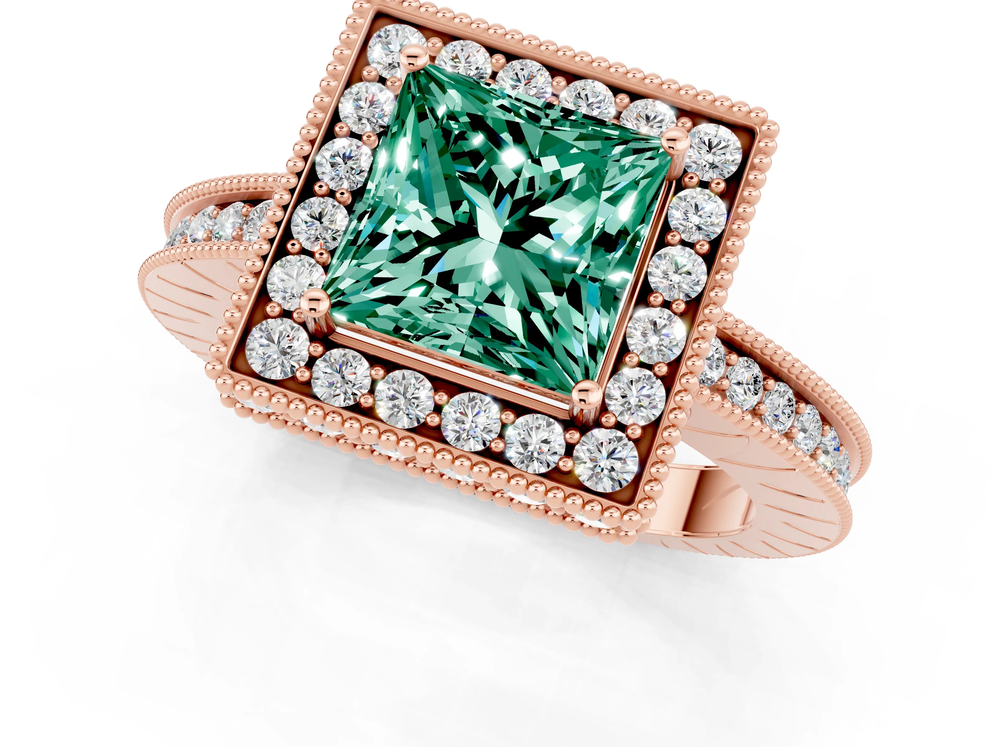 Rose gold Princess Cut Halo Diamond Engagement Ring with Milgrain Pave Band and Four-Prong Setting_1