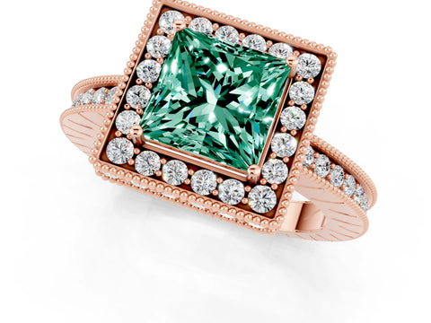 Rose gold Princess Cut Halo Diamond Engagement Ring with Milgrain Pave Band and Four-Prong Setting_1