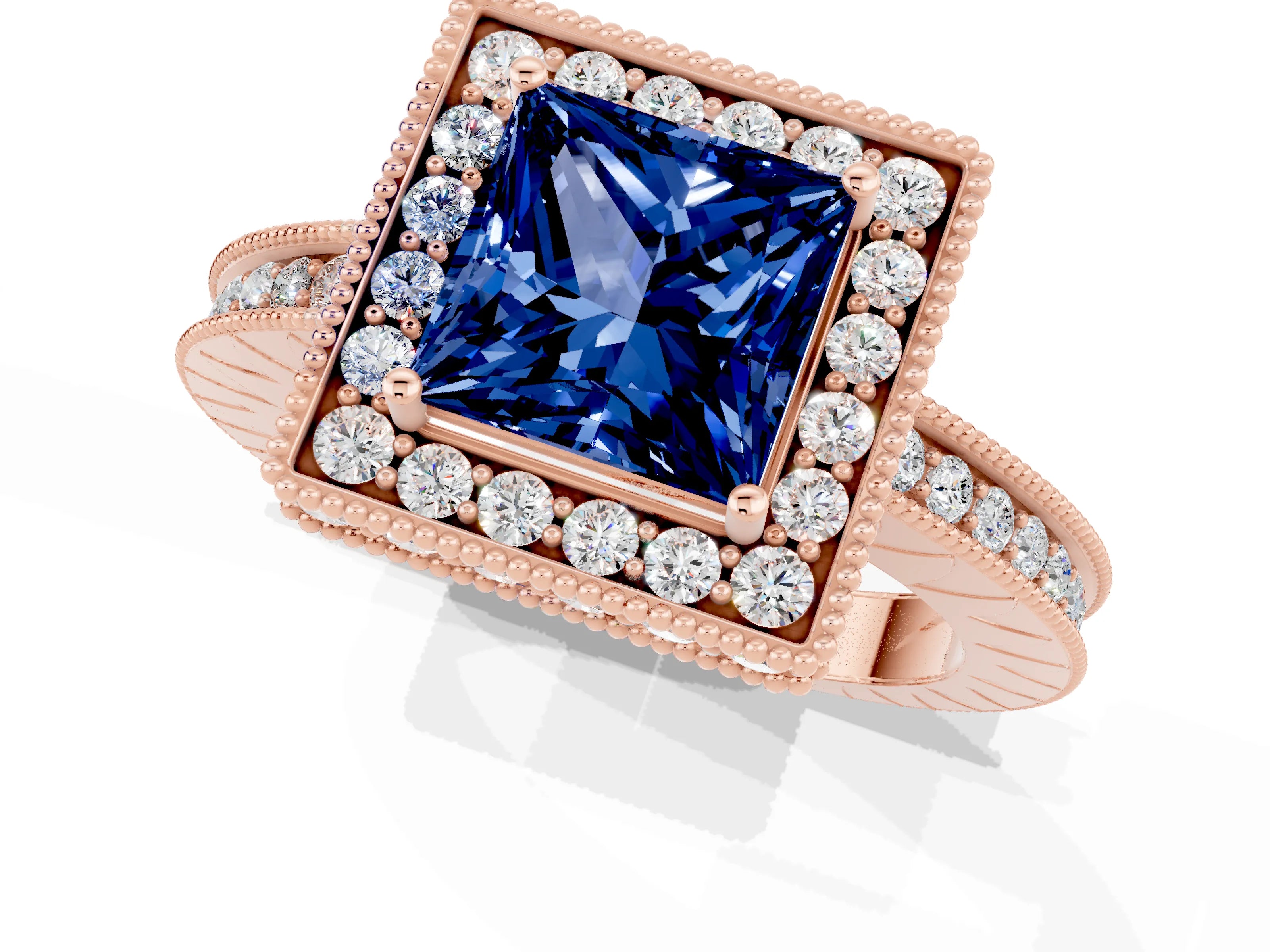 Rose gold Princess Cut Halo Diamond Engagement Ring with Milgrain Pave Band and Four-Prong Setting_1