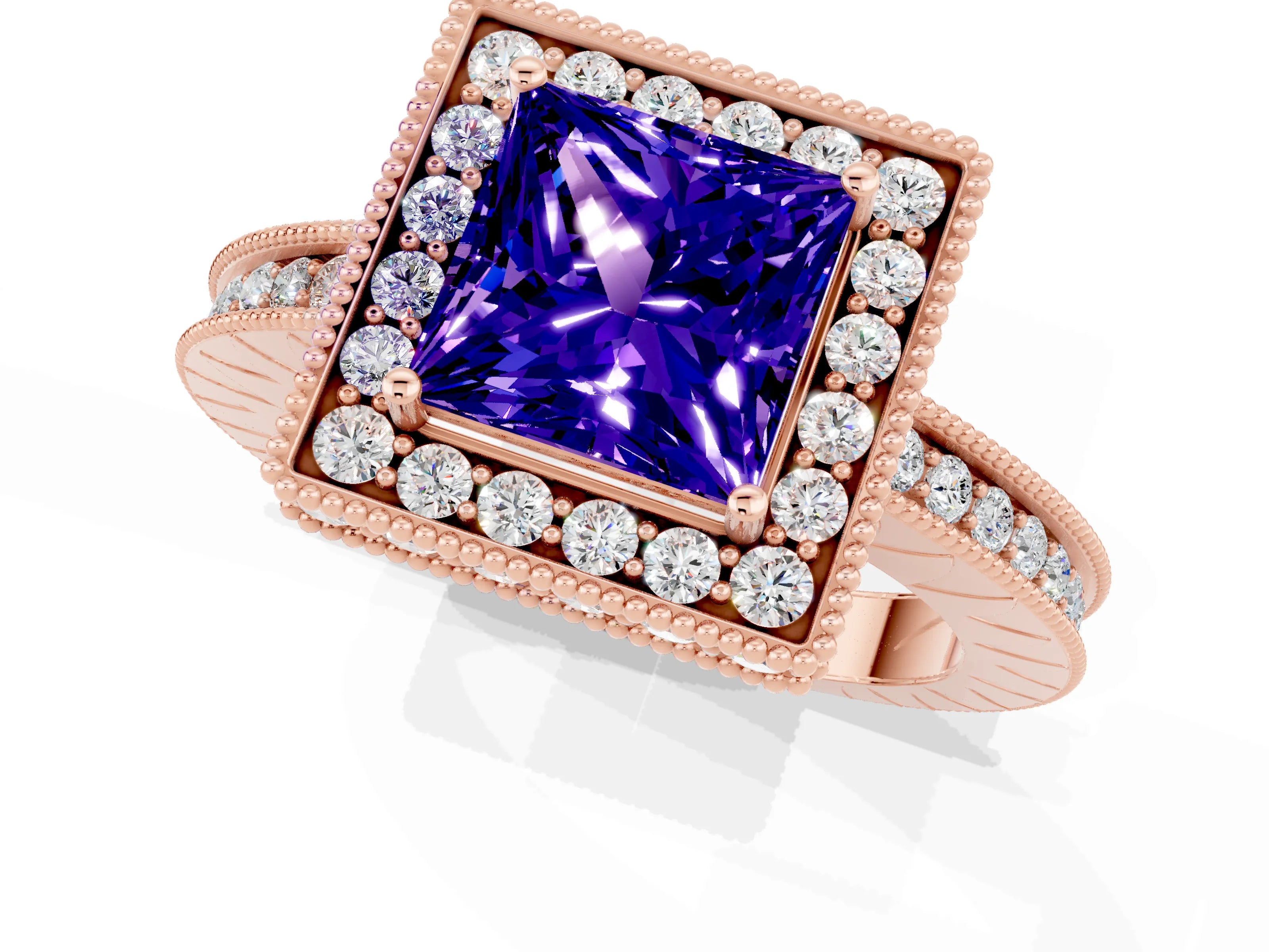 Rose gold Princess Cut Halo Diamond Engagement Ring with Milgrain Pave Band and Four-Prong Setting_1