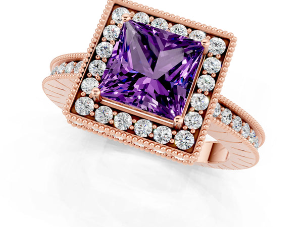 Rose gold Princess Cut Amethyst Milgrain Halo Engagement Ring with Round Pavé Band and Prong Setting