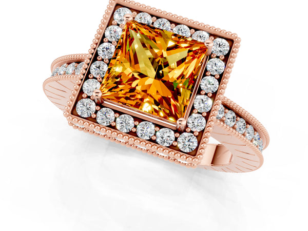 Rose gold Princess Cut Halo Diamond Engagement Ring with Milgrain Pave Band and Four-Prong Setting