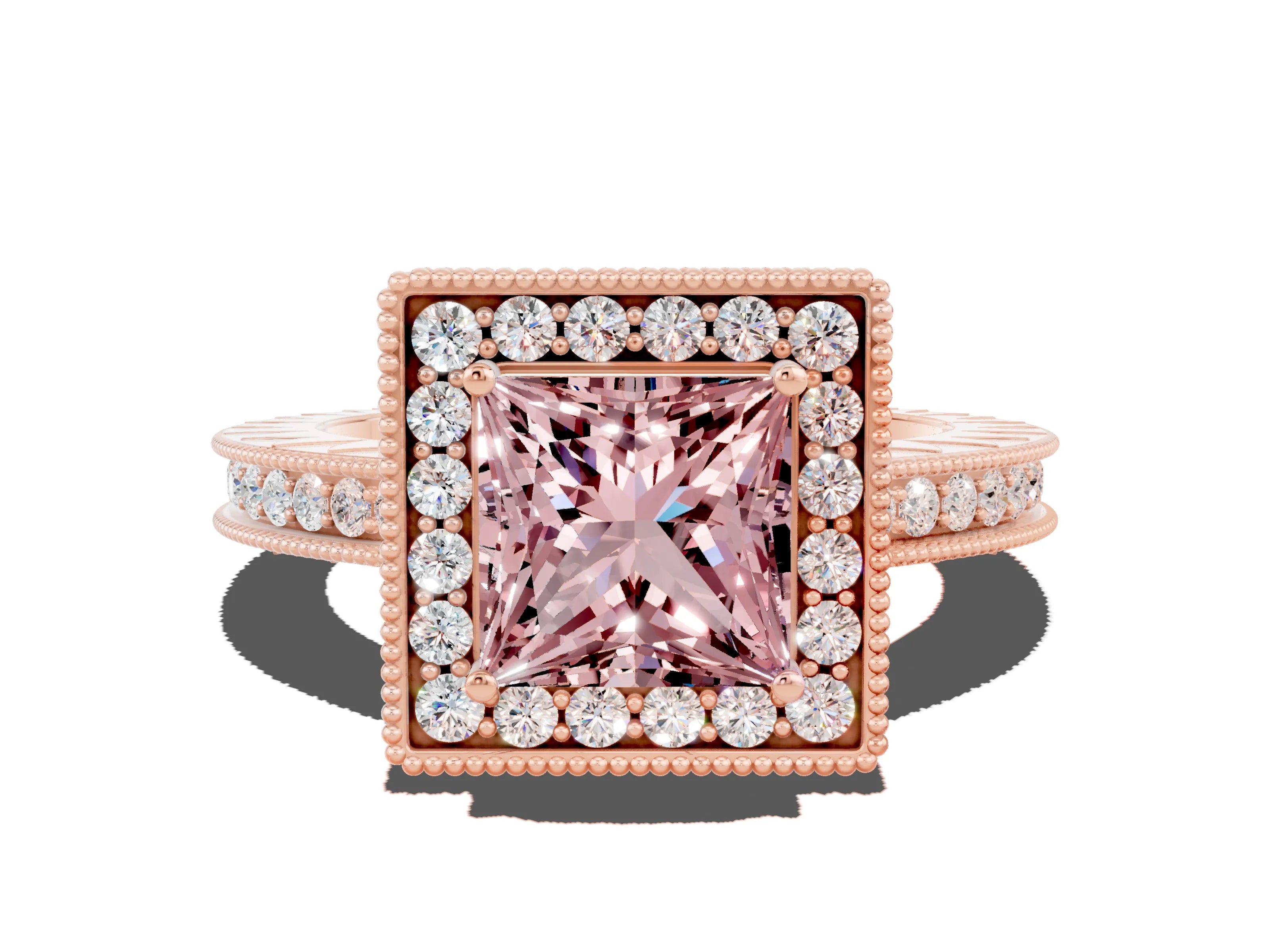 Rose gold Princess Cut Halo Diamond Engagement Ring with Milgrain Pave Band and Four-Prong Setting