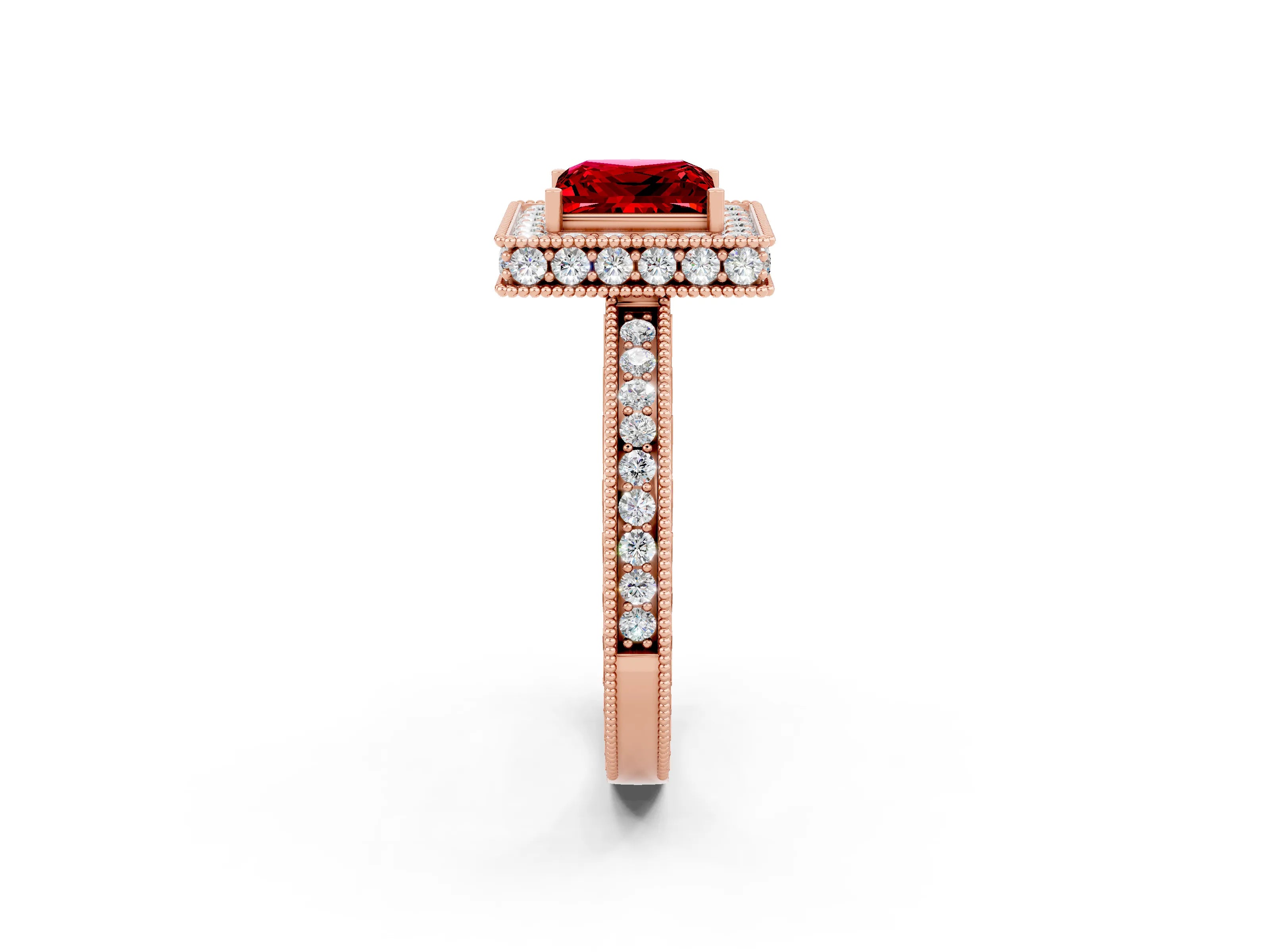 Rose gold Princess Cut Halo Diamond Engagement Ring with Milgrain Pave Band and Four-Prong Setting_2