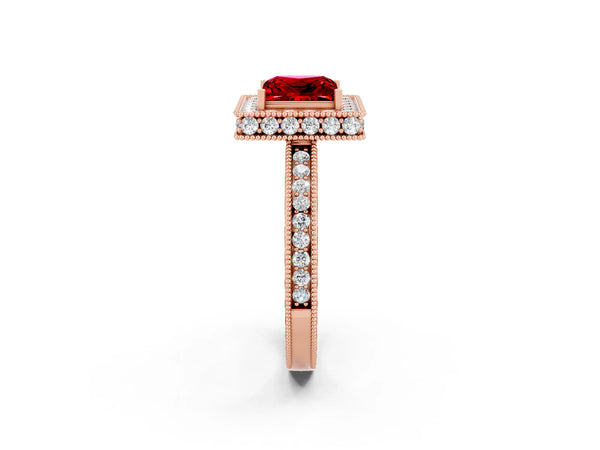 Rose gold Princess Cut Halo Diamond Engagement Ring with Milgrain Pave Band and Four-Prong Setting