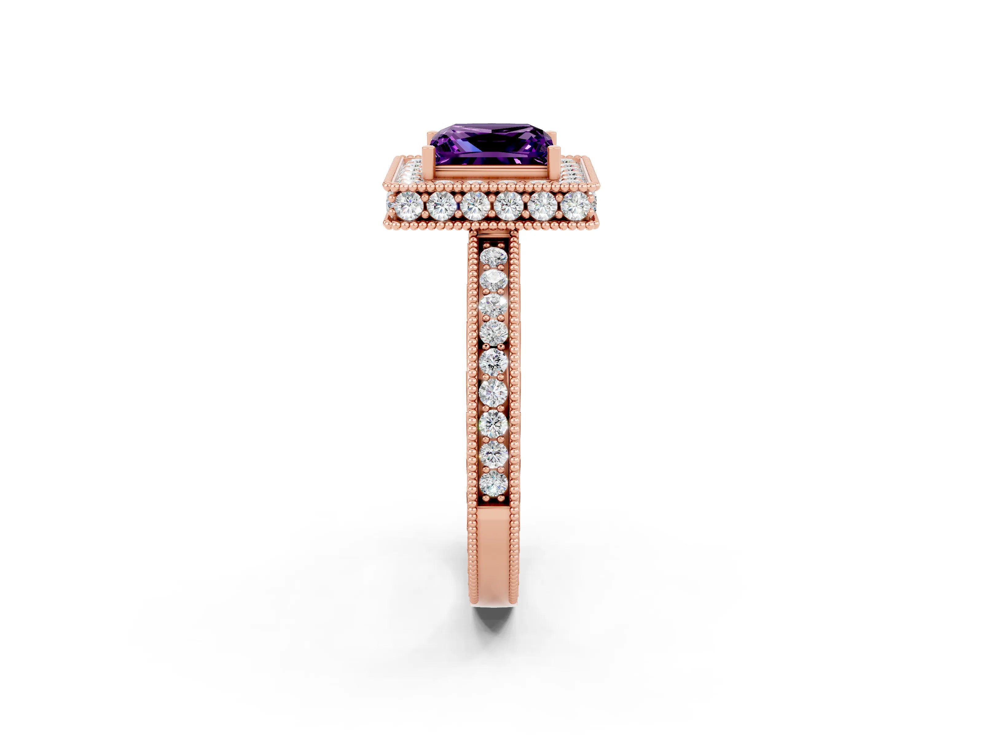 Rose gold Princess Cut Halo Diamond Engagement Ring with Milgrain Pave Band and Four-Prong Setting_2