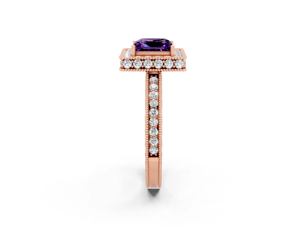 Rose gold Princess Cut Amethyst Milgrain Halo Engagement Ring with Round Pavé Band and Prong Setting