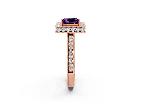 Rose gold Princess Cut Halo Diamond Engagement Ring with Milgrain Pave Band and Four-Prong Setting_2