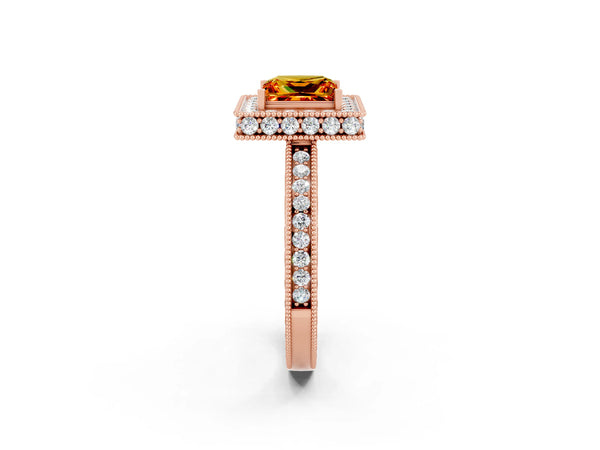 Rose gold Princess Cut Halo Diamond Engagement Ring with Milgrain Pave Band and Four-Prong Setting
