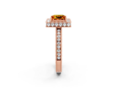Rose gold Princess Cut Halo Diamond Engagement Ring with Milgrain Pave Band and Four-Prong Setting_2