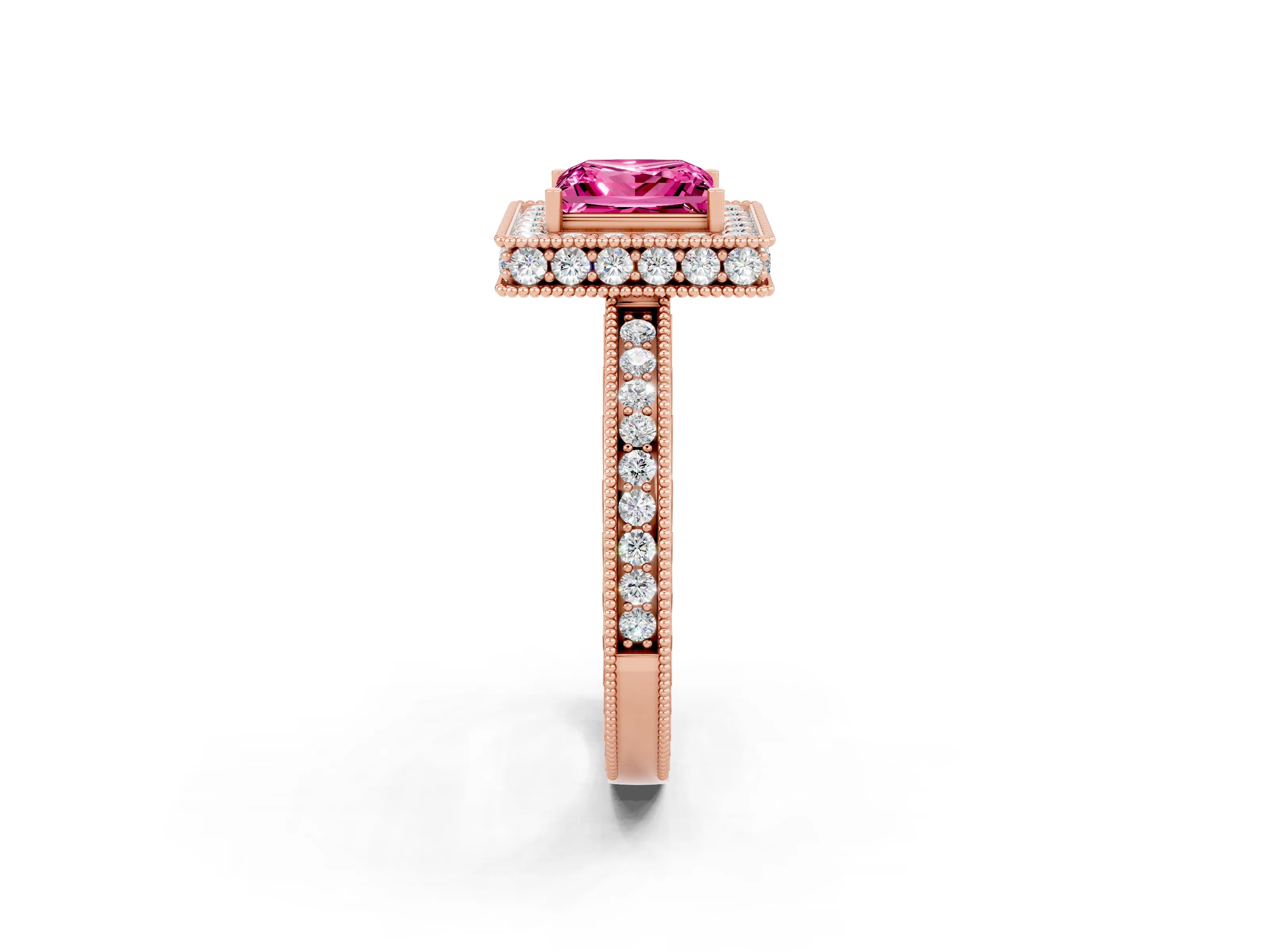 Rose gold Princess Cut Halo Diamond Engagement Ring with Milgrain Pave Band and Four-Prong Setting_2