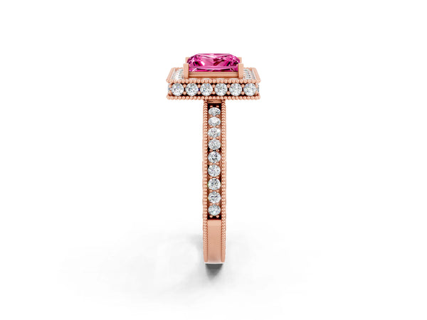 Rose gold Princess Cut Halo Diamond Engagement Ring with Milgrain Pave Band and Four-Prong Setting