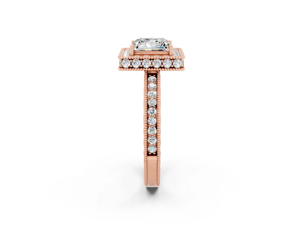 Rose gold Princess Cut Halo Diamond Engagement Ring with Milgrain Pave Band and Four-Prong Setting
