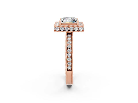 Rose gold Princess Cut Halo Diamond Engagement Ring with Milgrain Pave Band and Four-Prong Setting_2