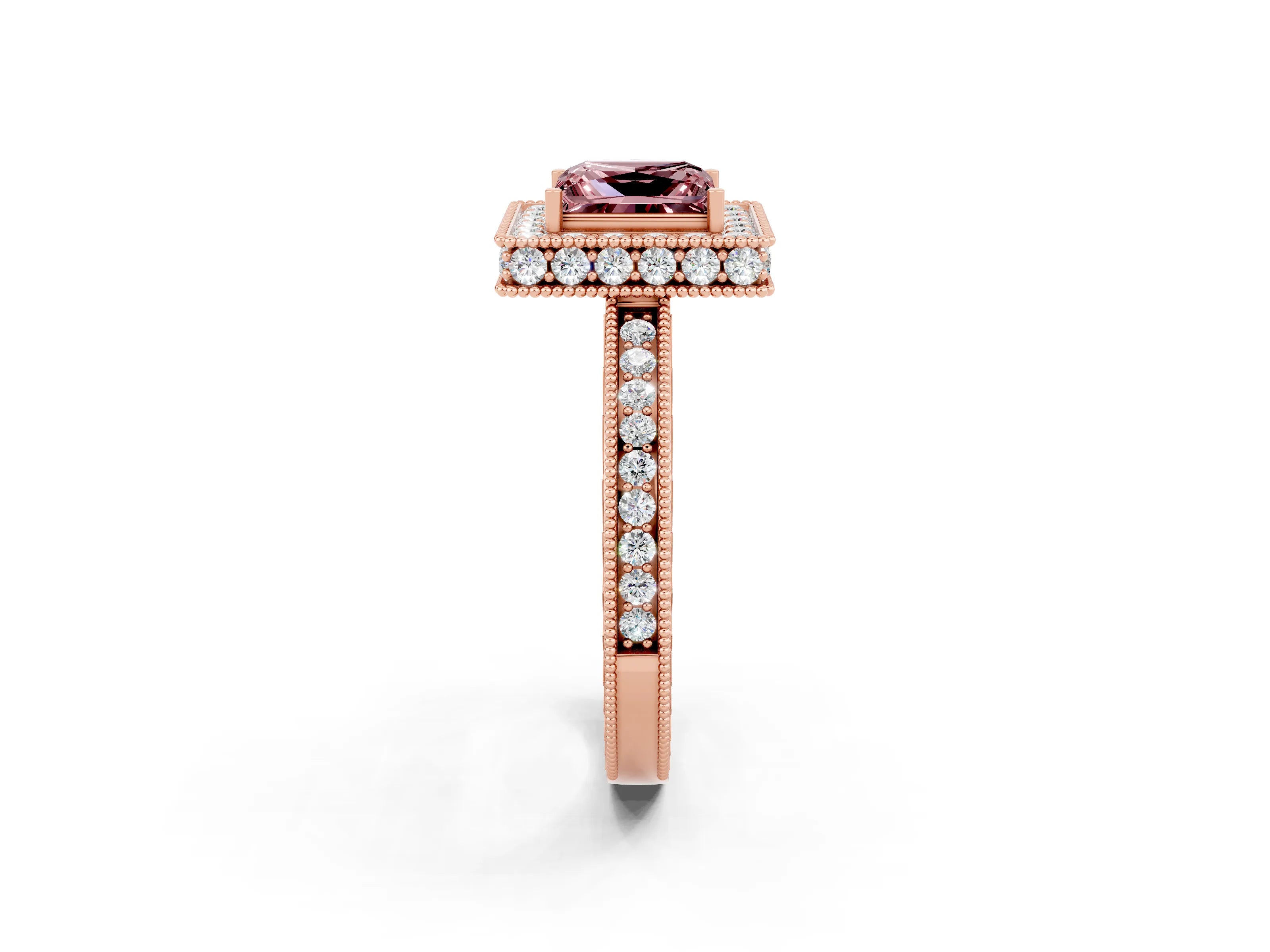 Rose gold Princess Cut Halo Diamond Engagement Ring with Milgrain Pave Band and Four-Prong Setting_2