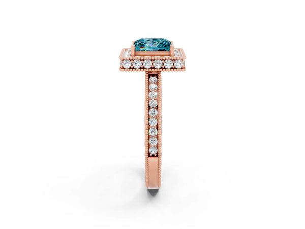 Rose gold Princess Cut Halo Diamond Engagement Ring with Milgrain Pave Band and Four-Prong Setting