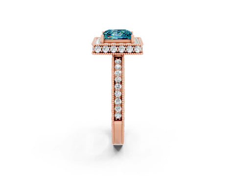 Rose gold Princess Cut Halo Diamond Engagement Ring with Milgrain Pave Band and Four-Prong Setting_2