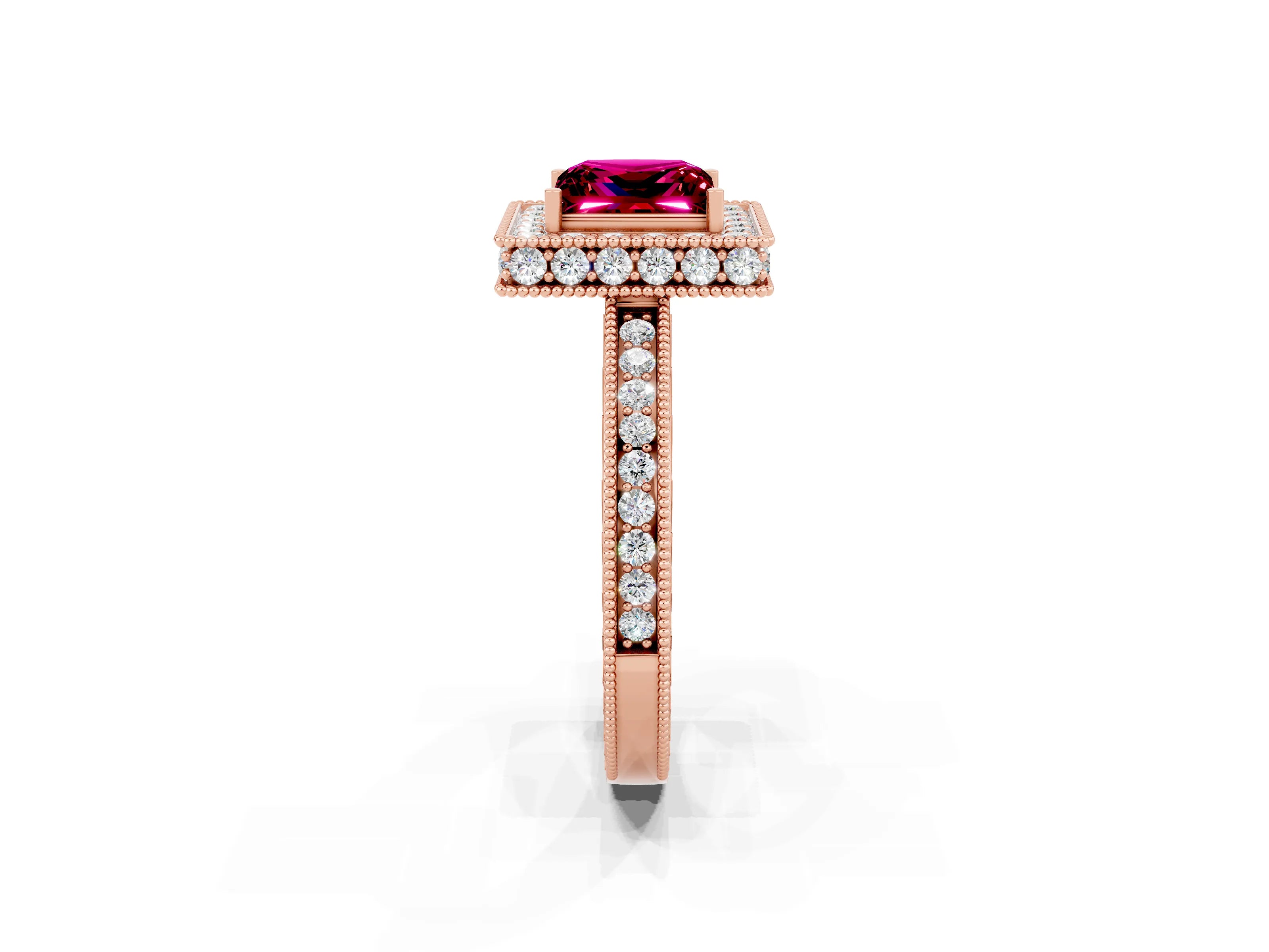 Rose gold Princess Cut Halo Diamond Engagement Ring with Milgrain Pave Band and Four-Prong Setting_2