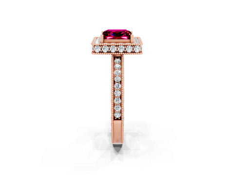 Rose gold Princess Cut Halo Diamond Engagement Ring with Milgrain Pave Band and Four-Prong Setting_2